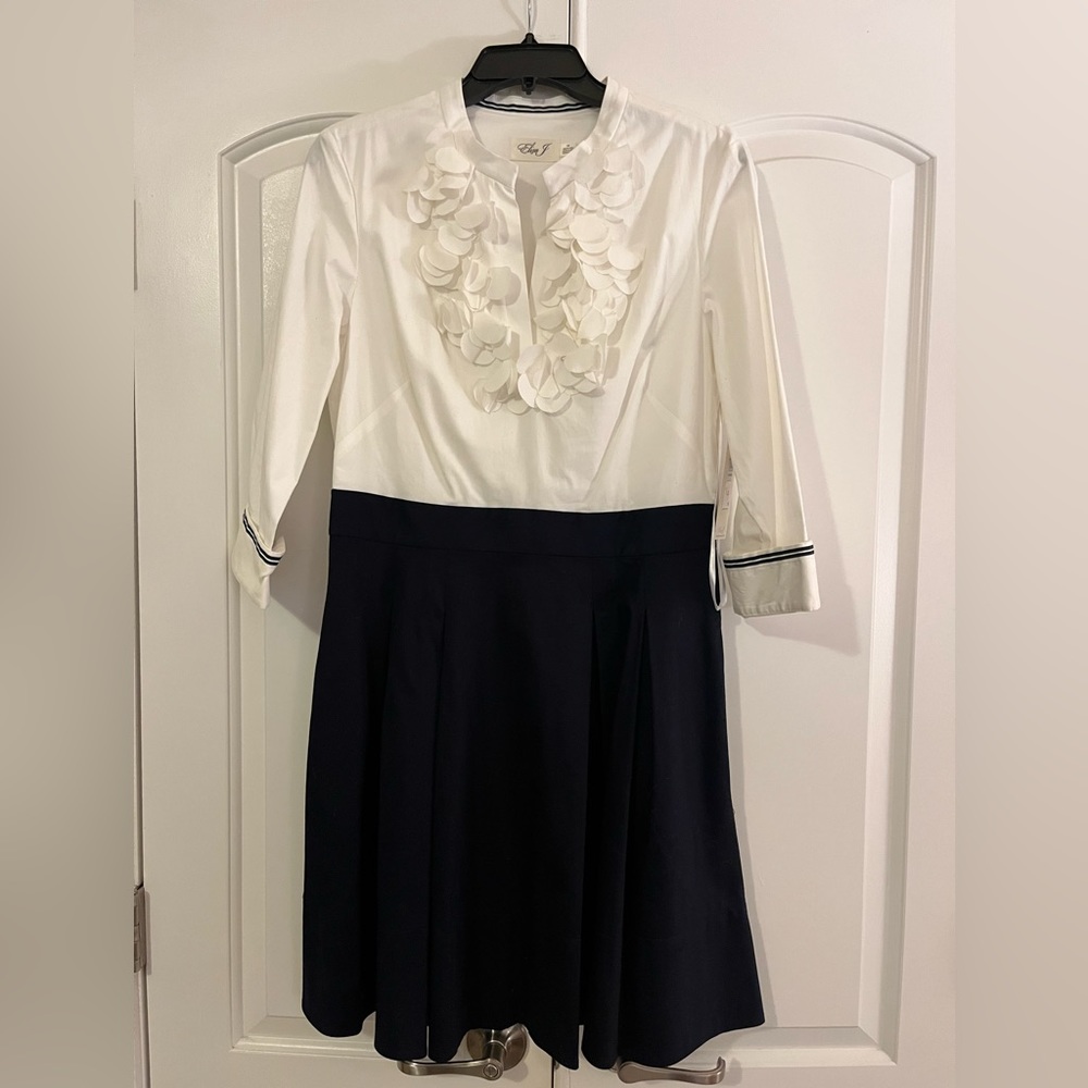 Eliza J Navy and White Pleated Skirt Ruffle Dress